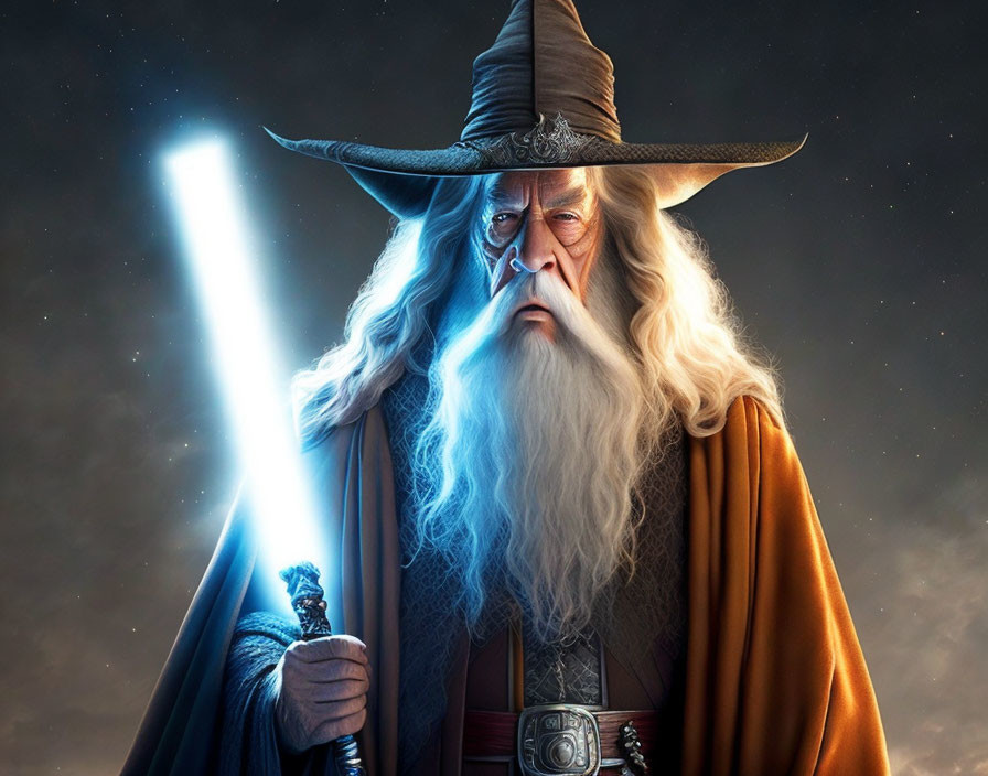 White-bearded wizard with glowing blue sword in starry sky.