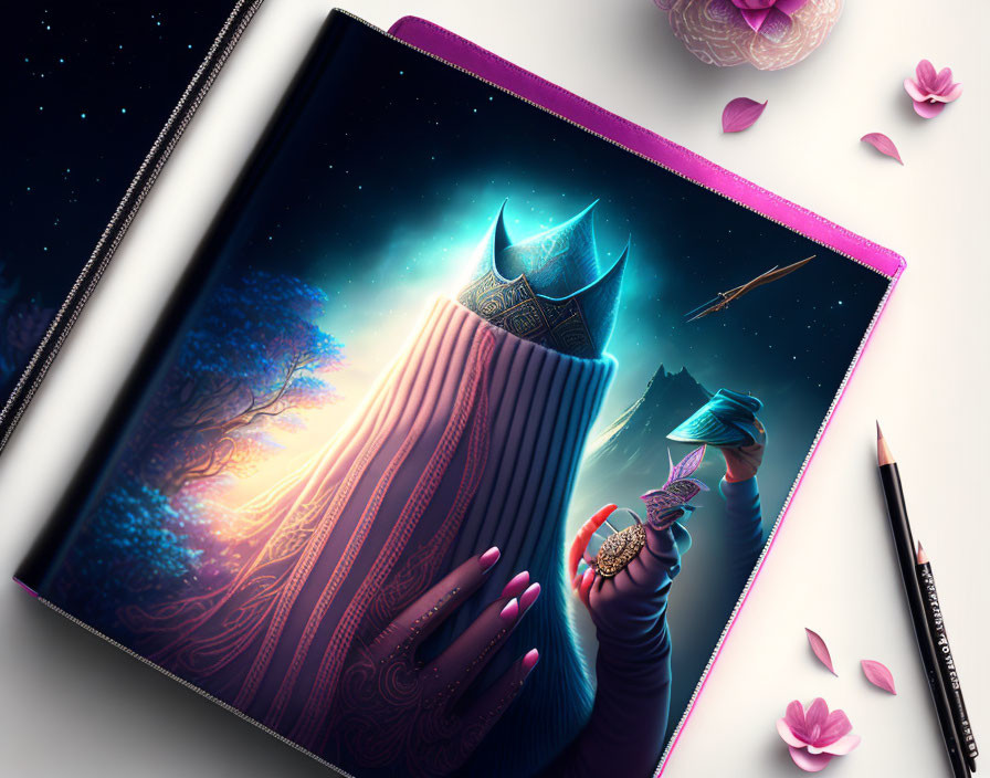 Fantasy illustration of tree, castle, starry sky, and pink petals in open book