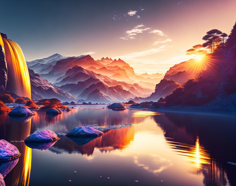 Serene sunset over mountain landscape with waterfall and lake