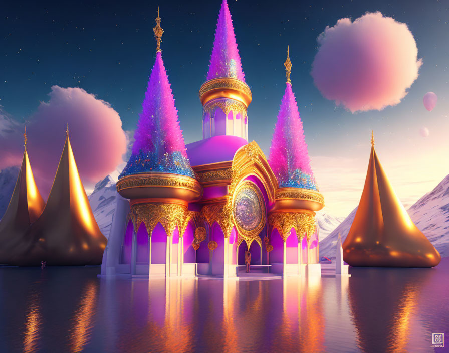 Colorful illuminated spires of a fantastical palace against snowy mountains and twilight sky reflected in water