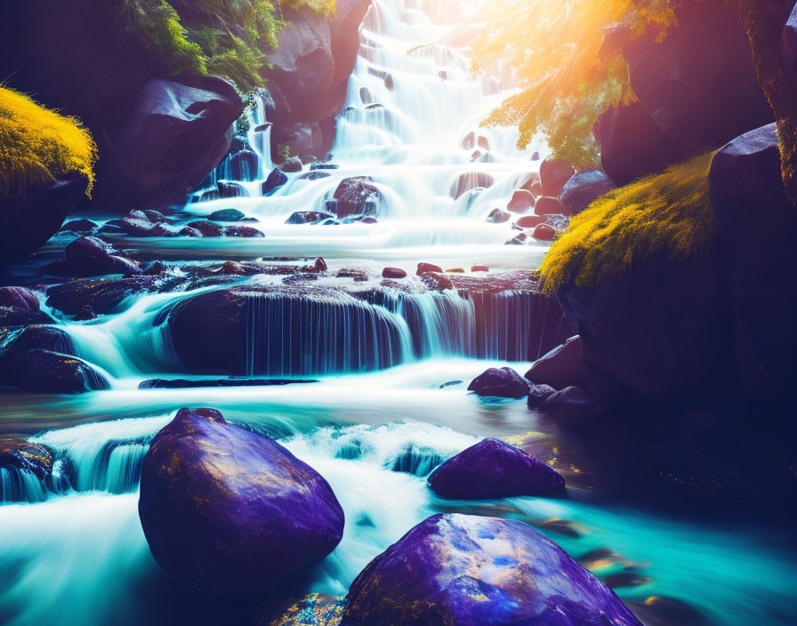 Serene waterfall scene with sunlight glow and mossy stones