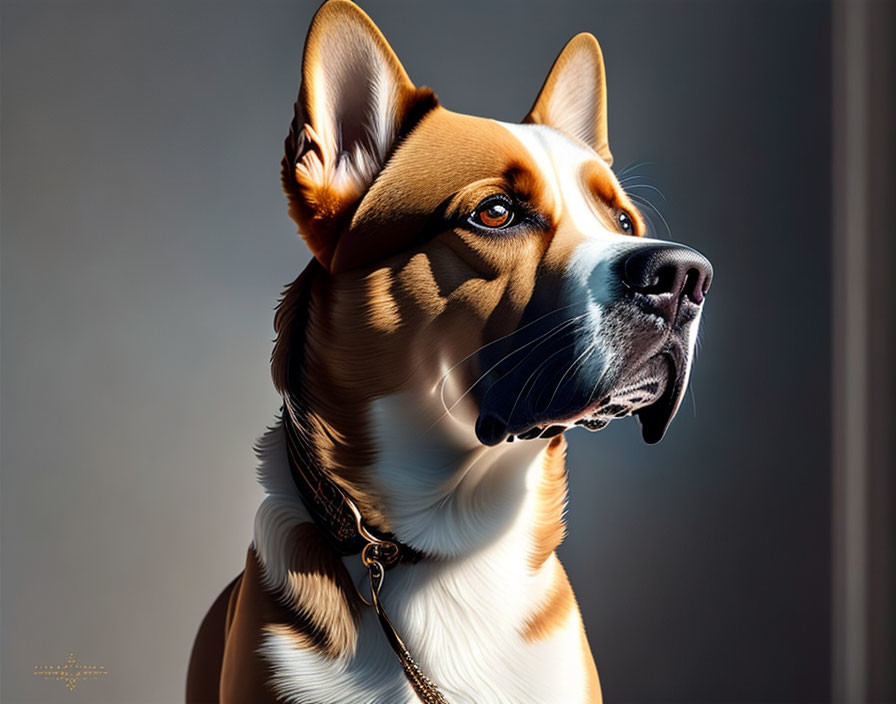 Close-up digital artwork: Tan and white dog with shiny black nose, prominent ears, gazing against