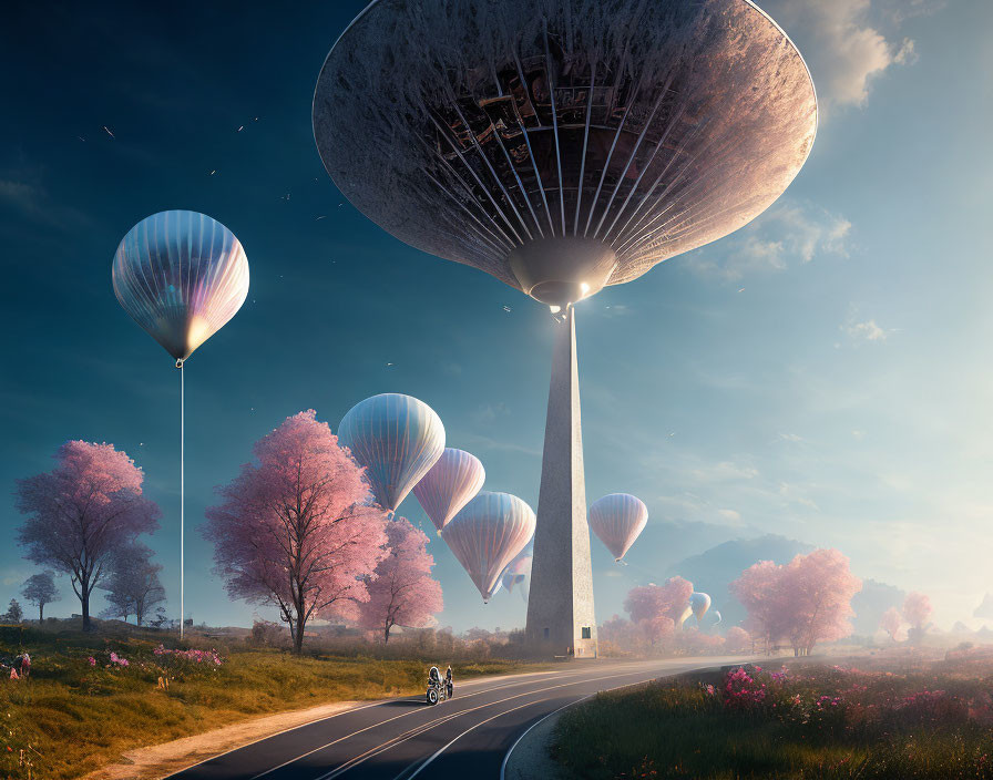 Futuristic city above pink tree landscape with motorcyclist on road