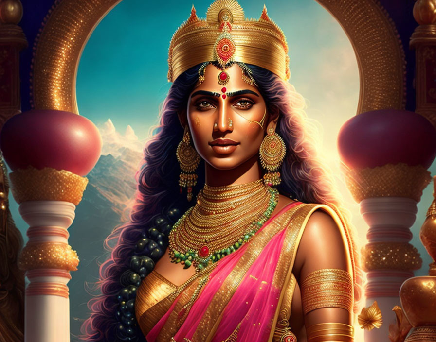 Regal Indian woman in traditional attire and jewelry with serene expression.