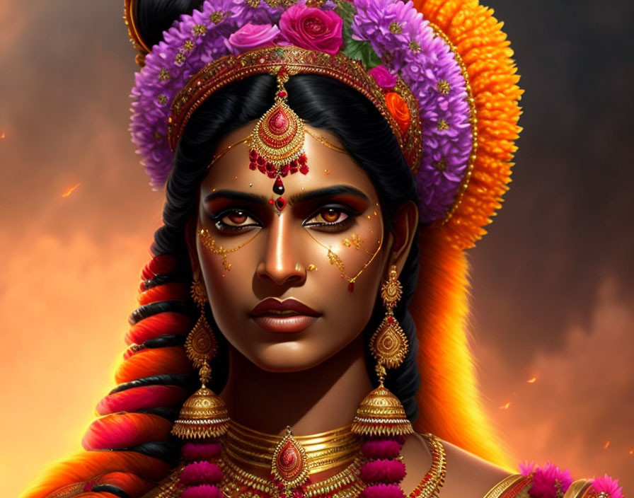 Detailed Illustration of Woman in Traditional Indian Attire