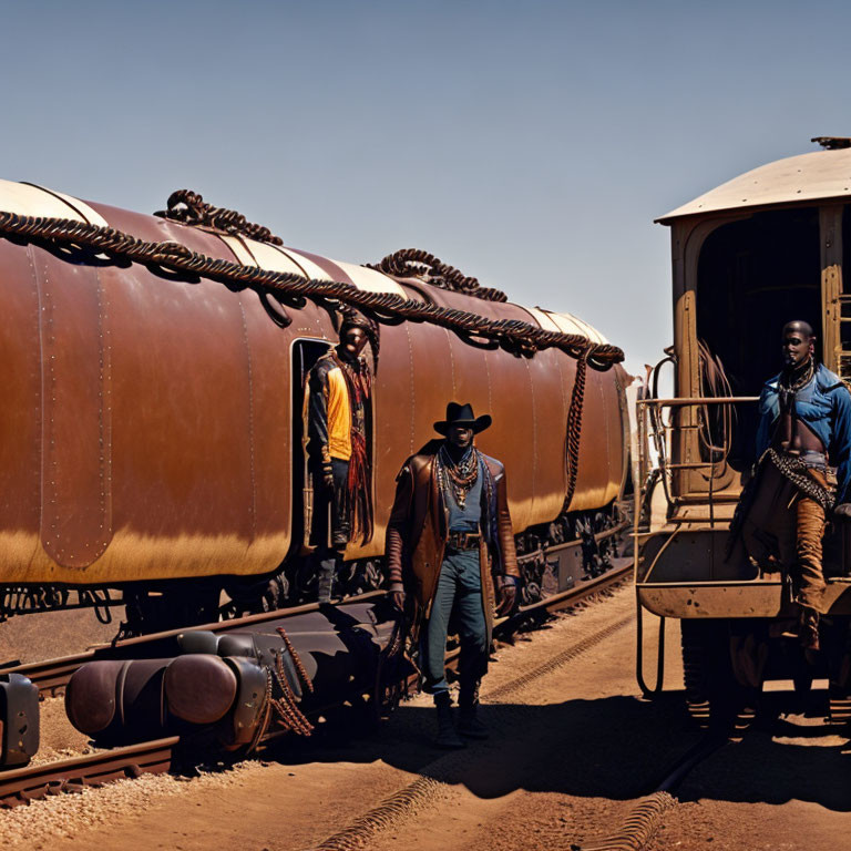 Rust-Colored Train with Three Individuals under Clear Sky