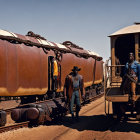 Cowboys in Western attire by train with decorative chains and spurs