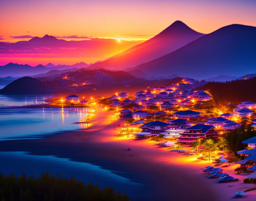 Coastal village at twilight with illuminated buildings under vibrant sky