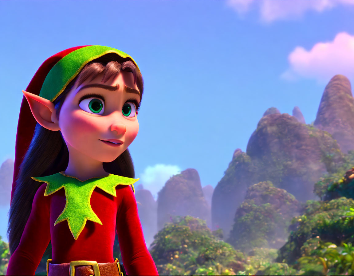 Computer-generated female elf in red and green outfit in vibrant fantasy landscape