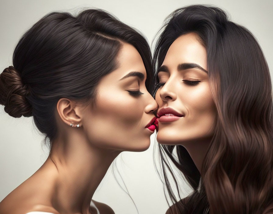 Elegant women sharing a gentle kiss with touching noses