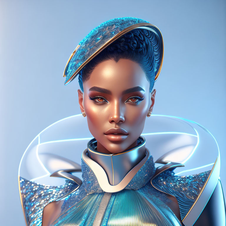 Futuristic woman in metallic blue attire and headgear on soft blue backdrop