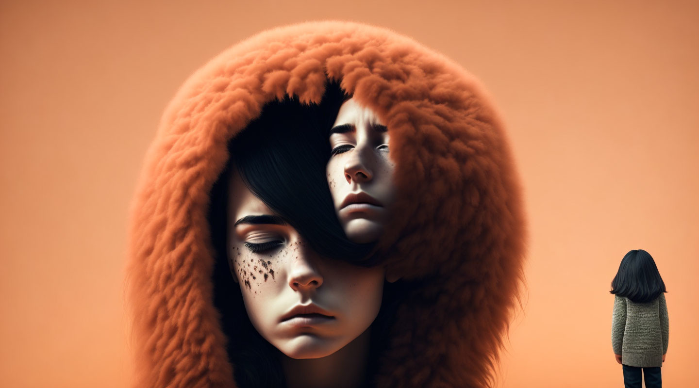 Surreal Artwork: Large Disembodied Woman's Head & Small Figure in Hooded Att