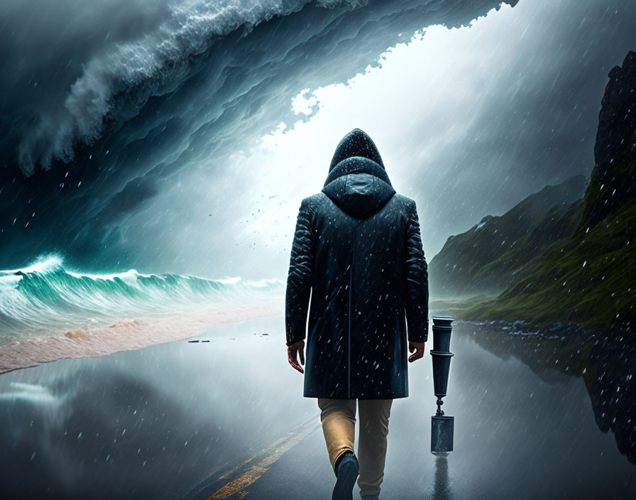 Hooded Figure Walking Between Turbulent Sea and Stormy Skies