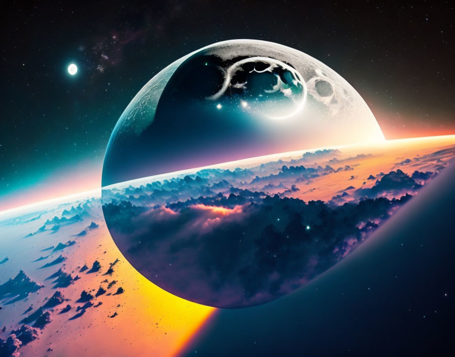 Colorful Cosmic Scene with Large Moon and Sunrise Gradient