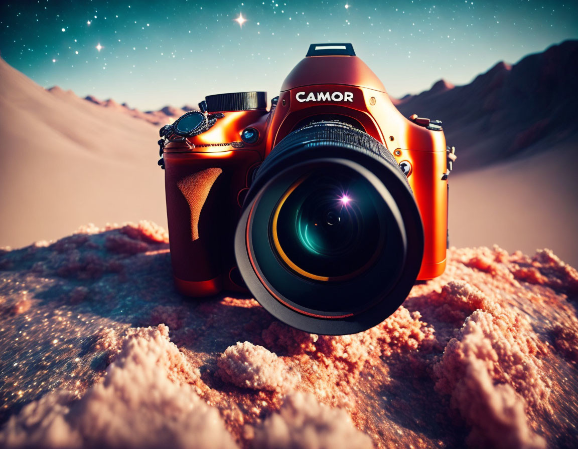 DSLR camera with large lens on rocky surface under starry twilight sky