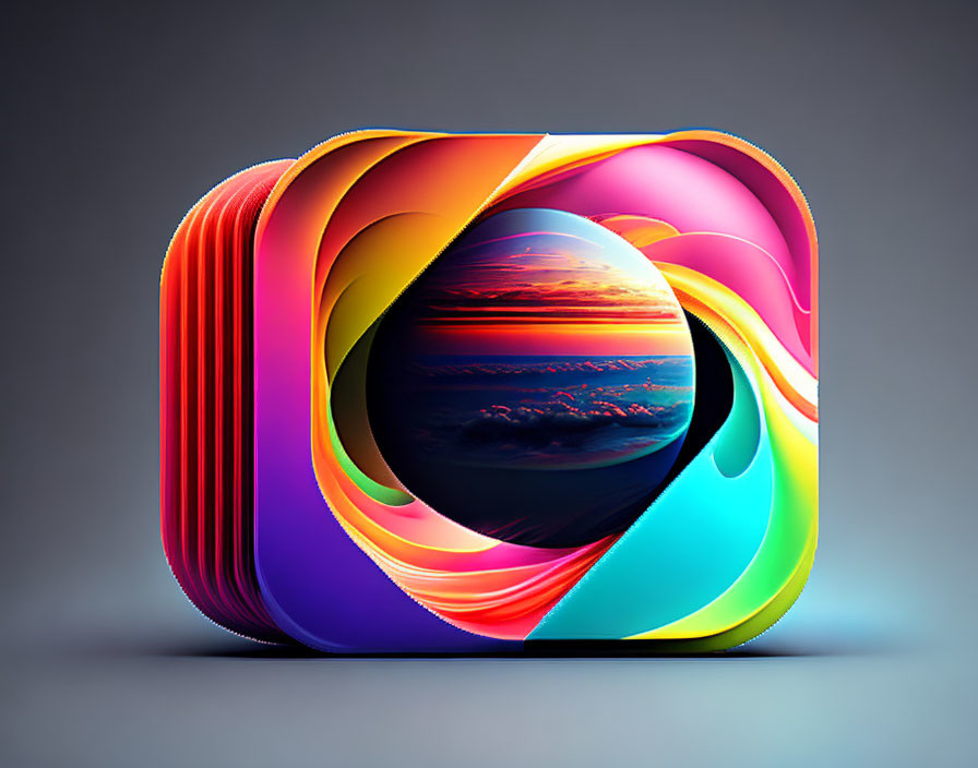 Colorful Glossy Torus Shapes Surrounding Sunset Ocean Landscape on Grey Background