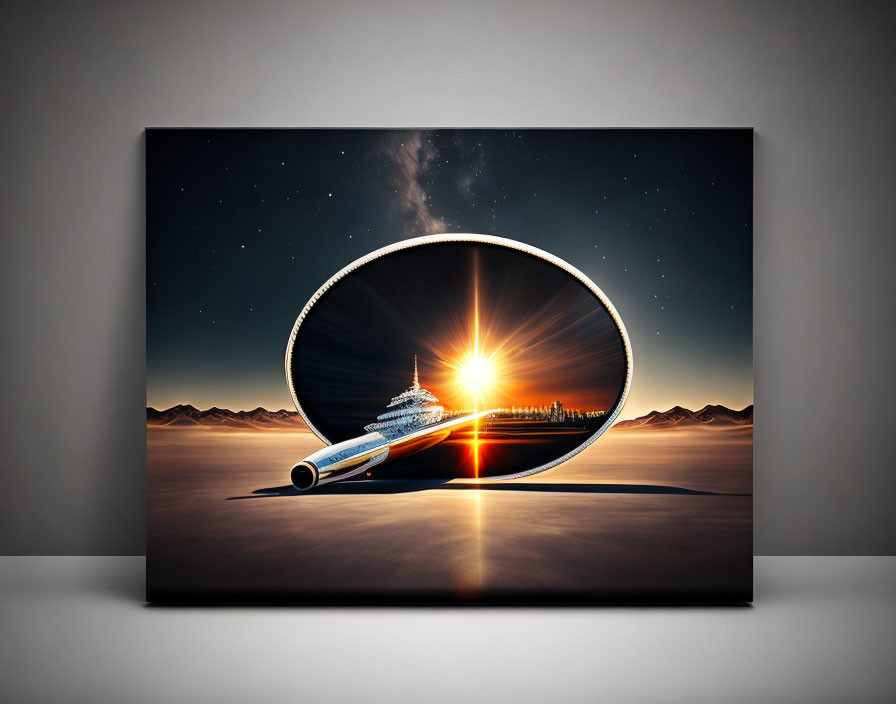 Circular Window Canvas Print: Spaceship, Sunset, and Starry Sky on Desert Background