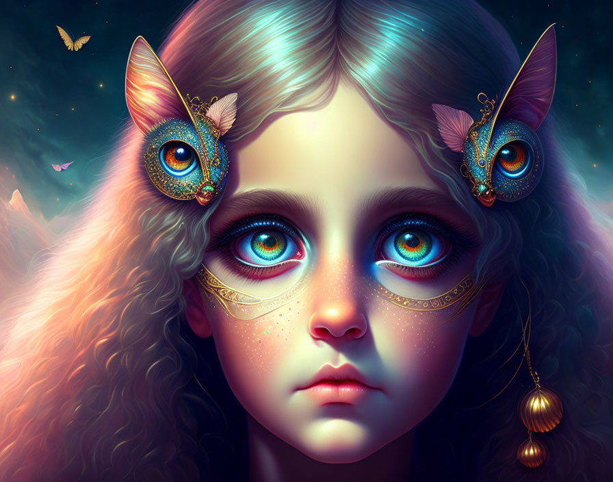 Illustration of girl with expressive eyes and cat ears, surrounded by butterflies under starry sky