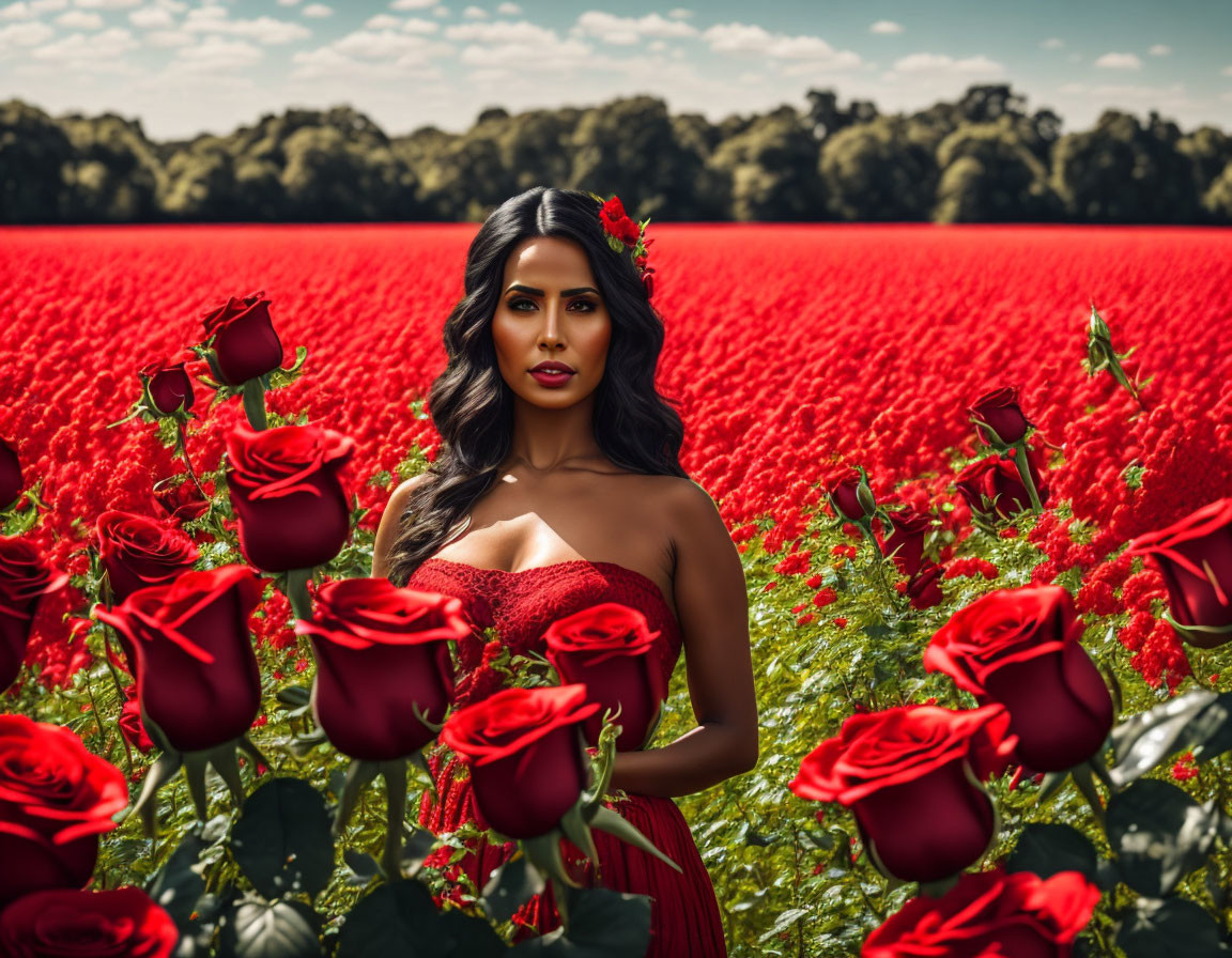 Woman in Red Dress Surrounded by Red Roses in Field