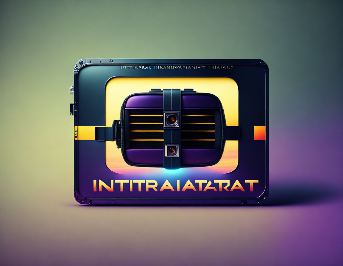 Stylized retro-futuristic briefcase with mirrored text design