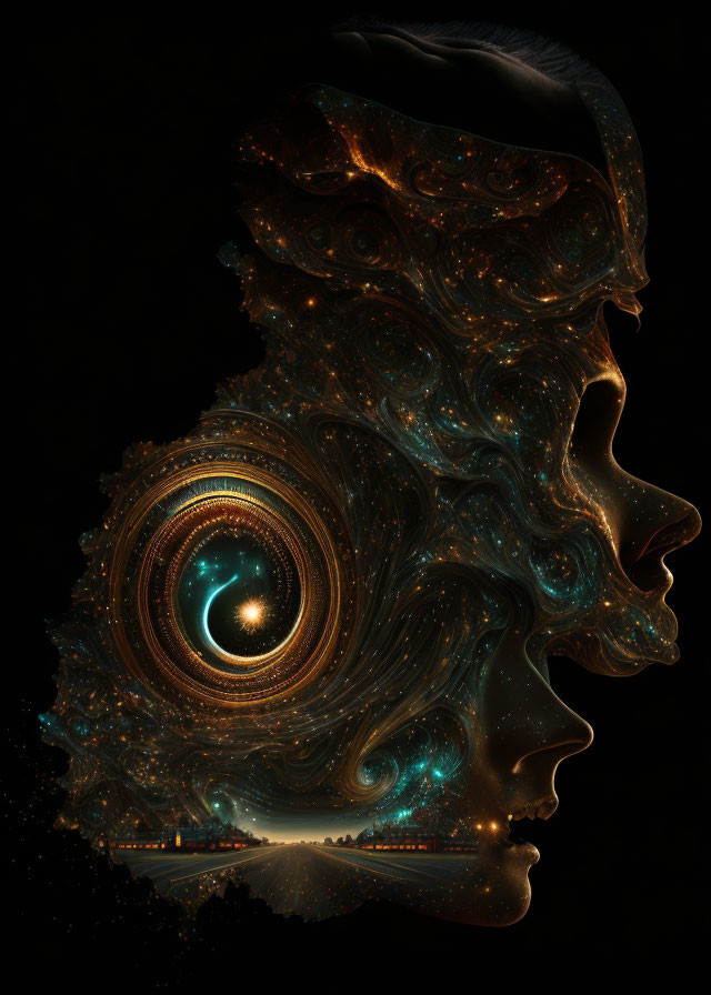 Abstract human profile with swirling fractal patterns and galaxy-like structure.