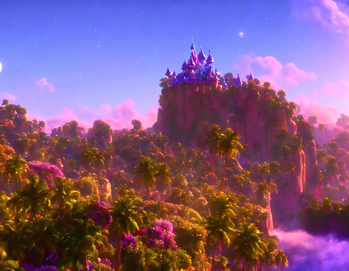 Majestic castle on cliff with waterfall in vibrant forest at twilight