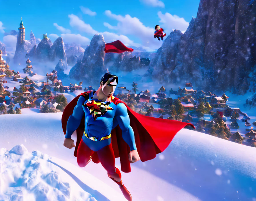 Animated superheroes in red capes fly over snowy mountain village