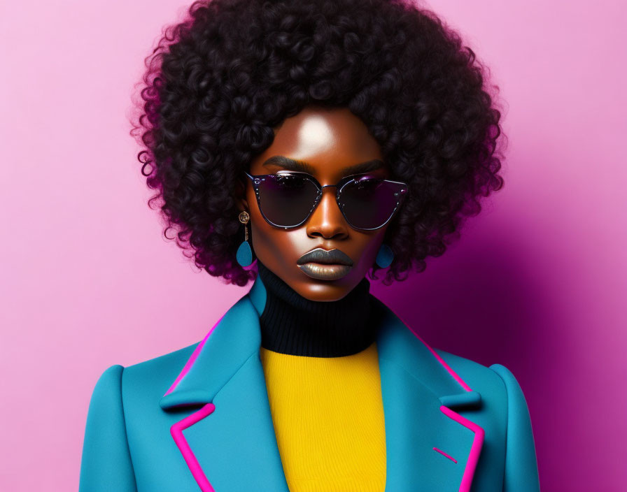 Stylish individual with curly hair, sunglasses, blue blazer, yellow top, and large earrings