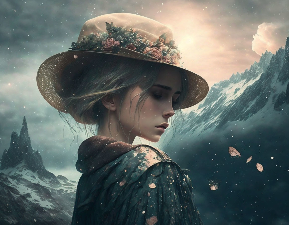 Vintage Hat Woman Surrounded by Butterflies and Snowy Mountains