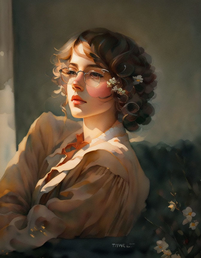 Portrait of woman with curly hair and glasses in vintage attire under warm sunlight