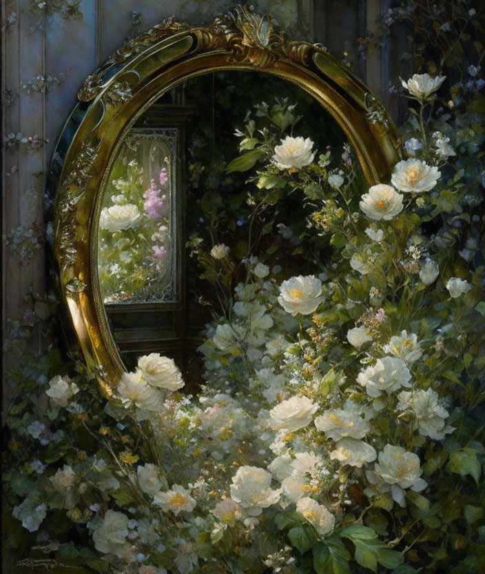 Gold-framed mirror reflecting lush garden with white roses in shadowy setting