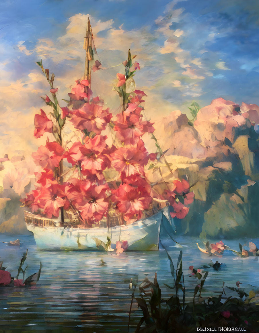 Vibrant pink flowers on boat in serene water landscape