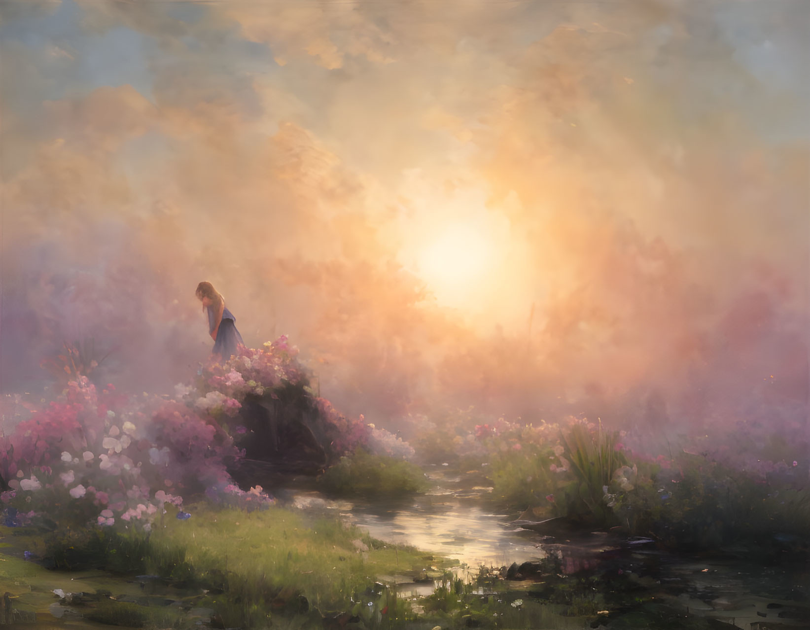 Tranquil painting of person in misty, blooming meadow at sunrise