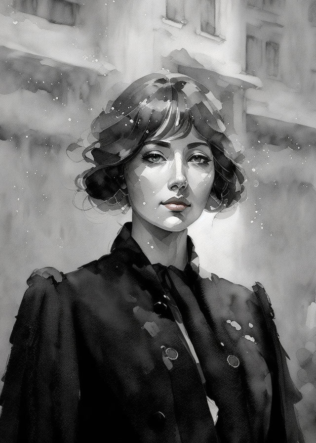 Monochromatic digital painting of woman in vintage hairstyle and coat