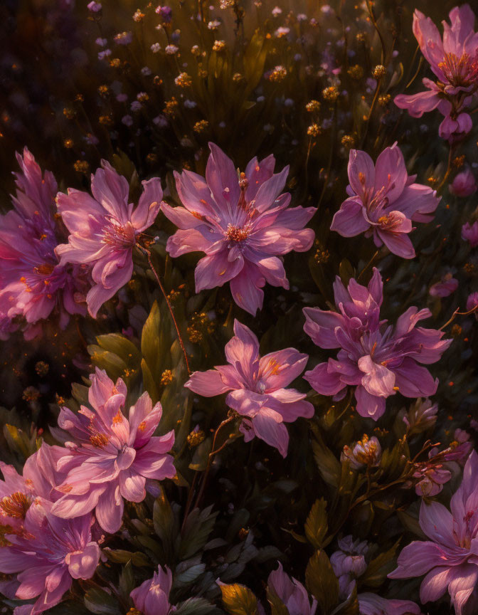 Cluster of Delicate Purple Flowers in Warm Golden Light