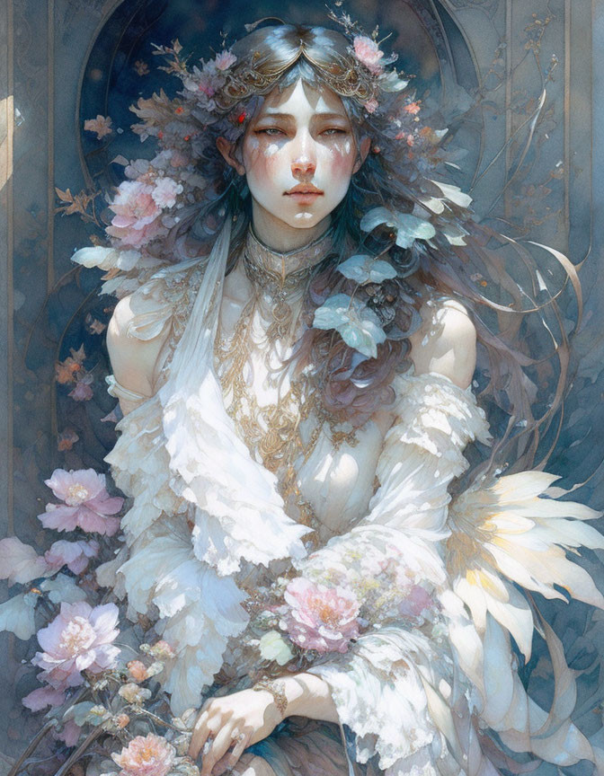 Portrait of woman with ethereal features in intricate floral headdress and feathery white attire.