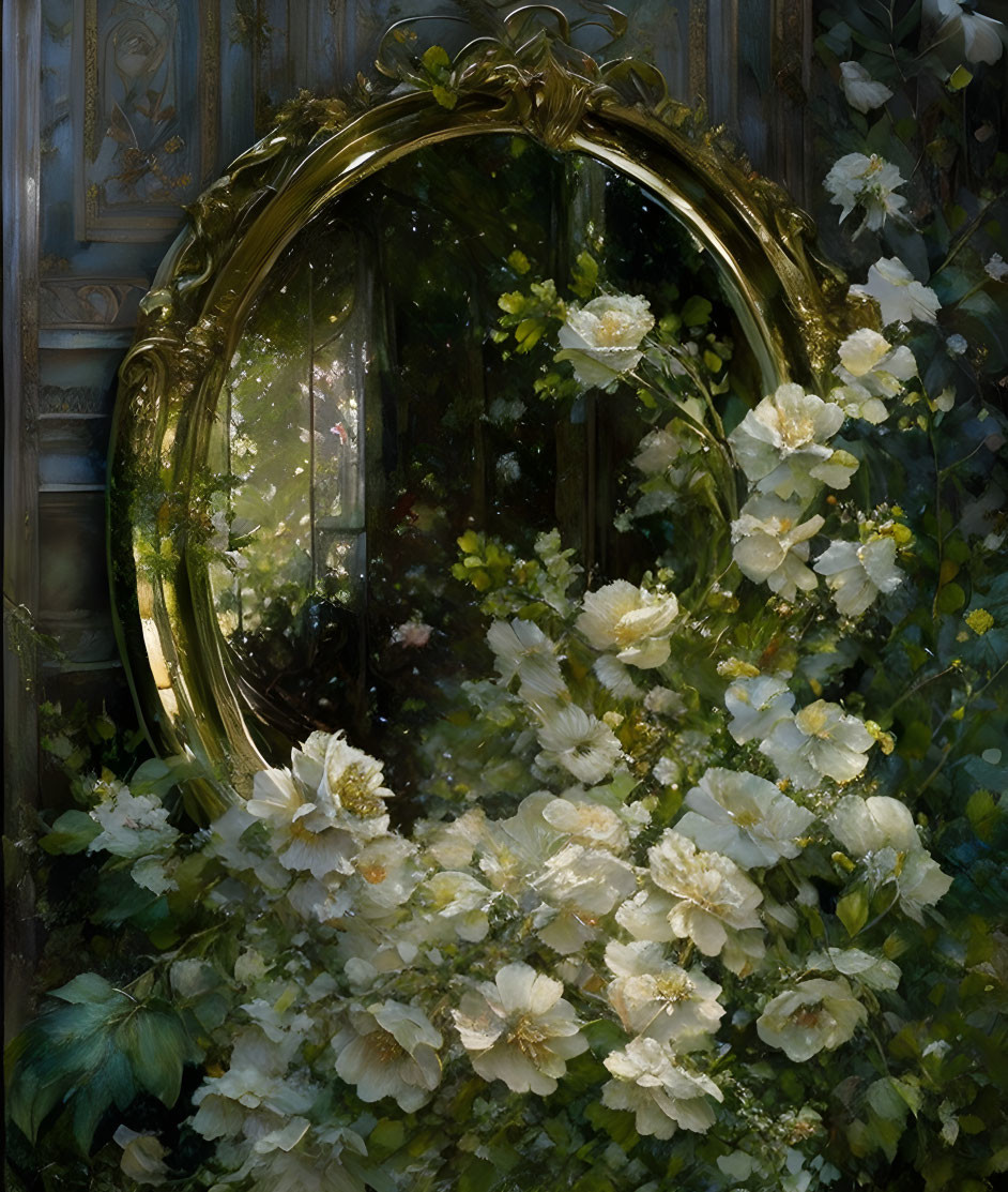 Golden mirror with greenery and white roses reflecting mystical garden scene