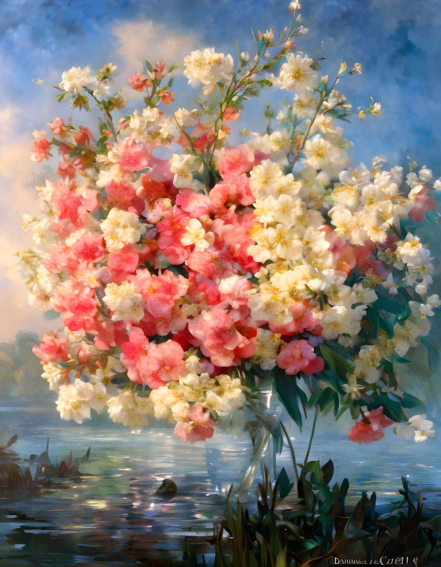 Vibrant painting of pink and yellow flowers by misty lake