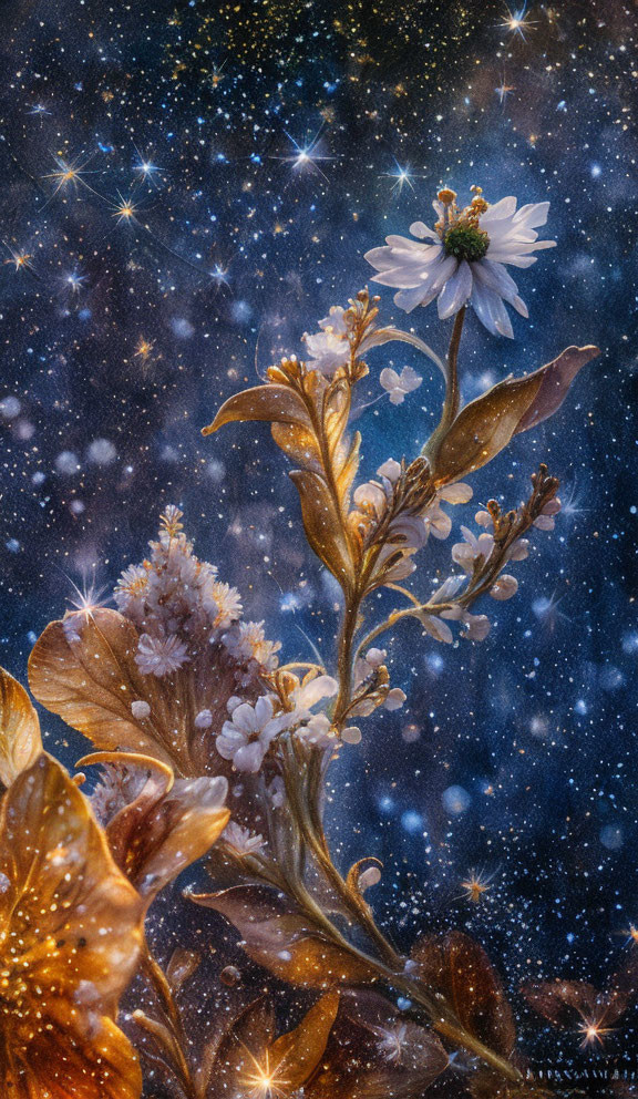 Floral cosmic digital artwork with stars and flowers on blue background