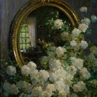 Gold-framed mirror reflecting lush garden with white roses in shadowy setting