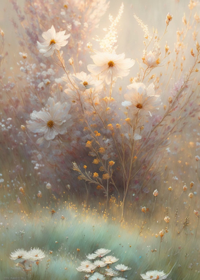 Soft-hued flowers with white petals and golden centers in misty backdrop.