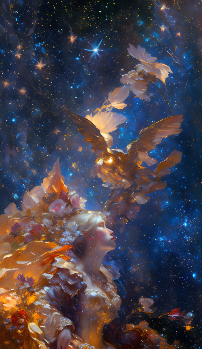 Ethereal woman with wings in starlit sky among luminous leaves