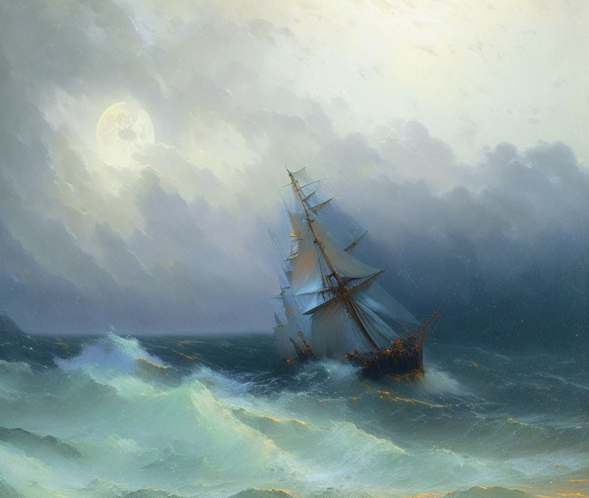 Sailing ship navigating stormy seas under full moon.