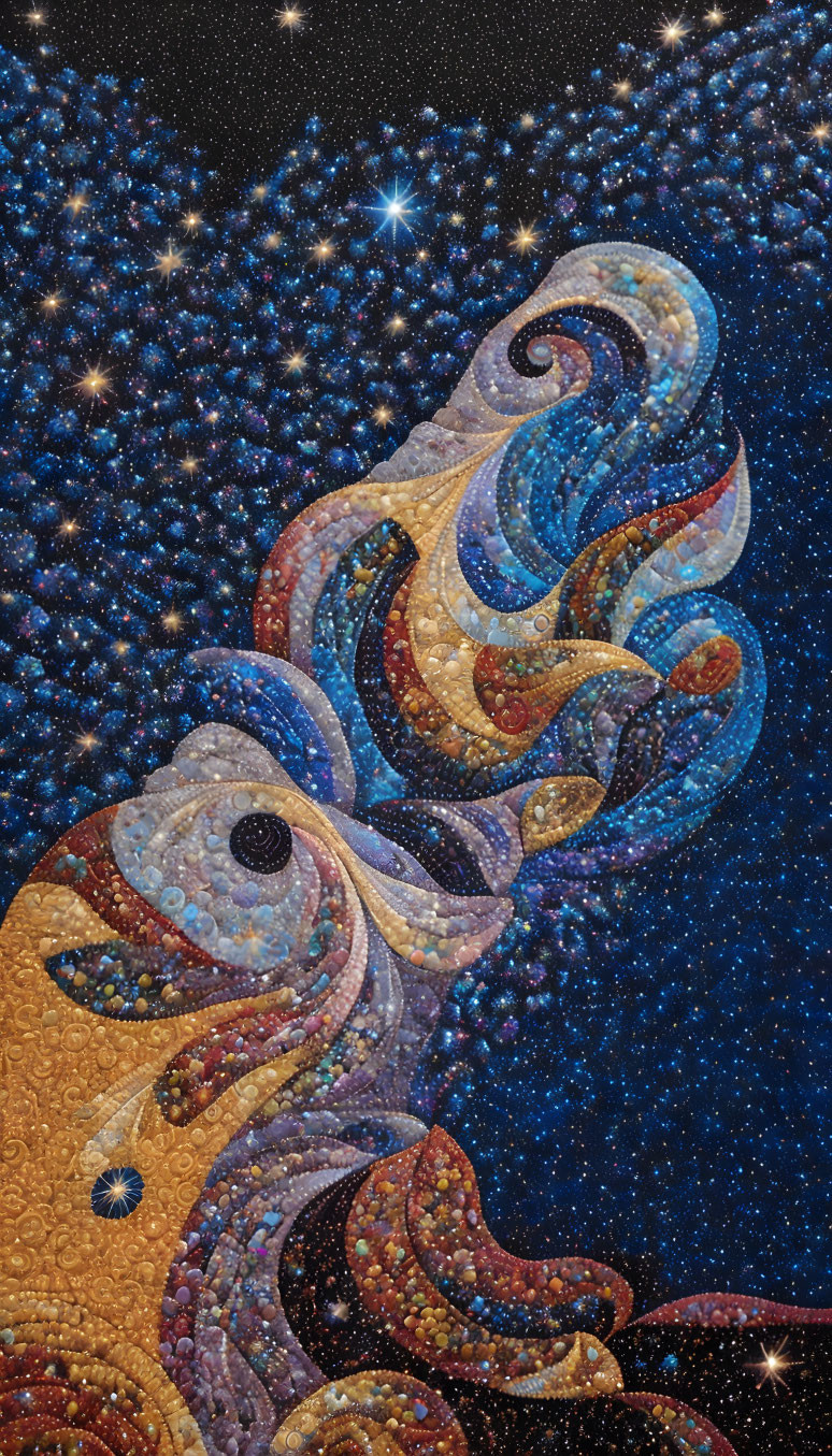 Cosmic Swirling Mosaic in Vivid Blues and Earth Tones