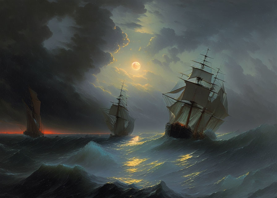 Sailing ships in stormy sea under fiery sunset