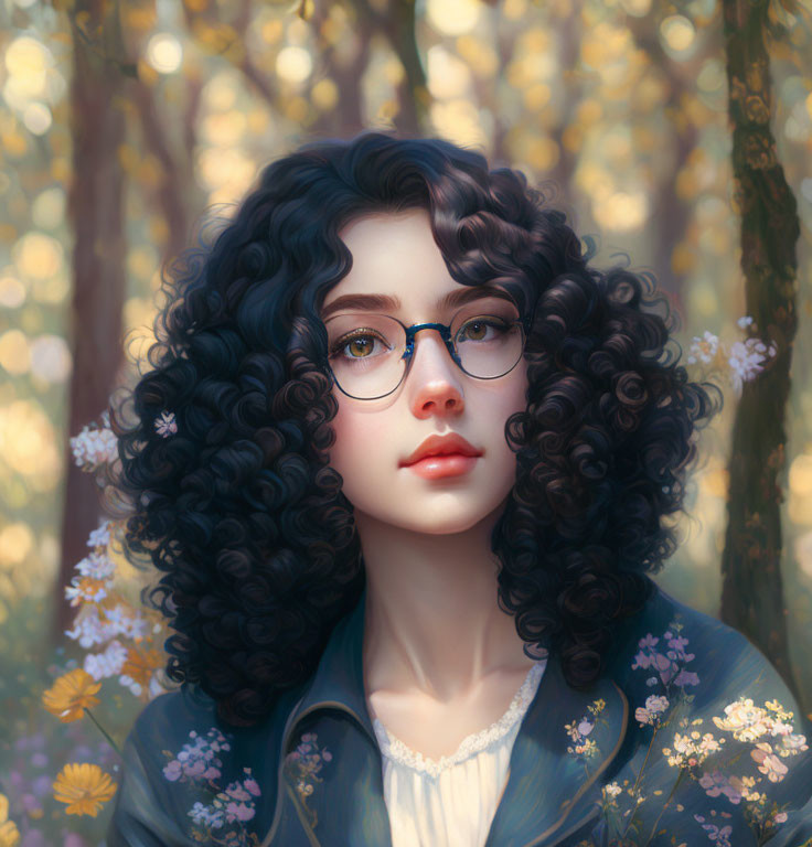 Young woman with curly hair and glasses in floral woodland setting