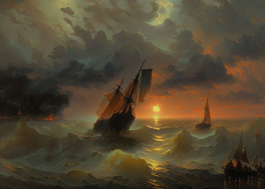 Sailing ships under dramatic sunset sky with crescent moon