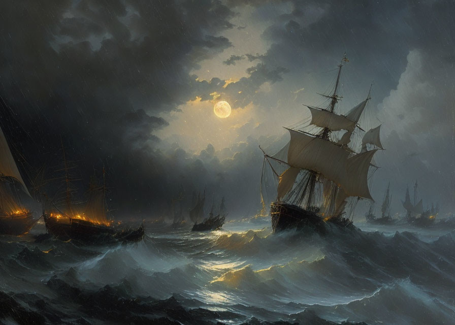 Sailing ships in turbulent seas under full moon.