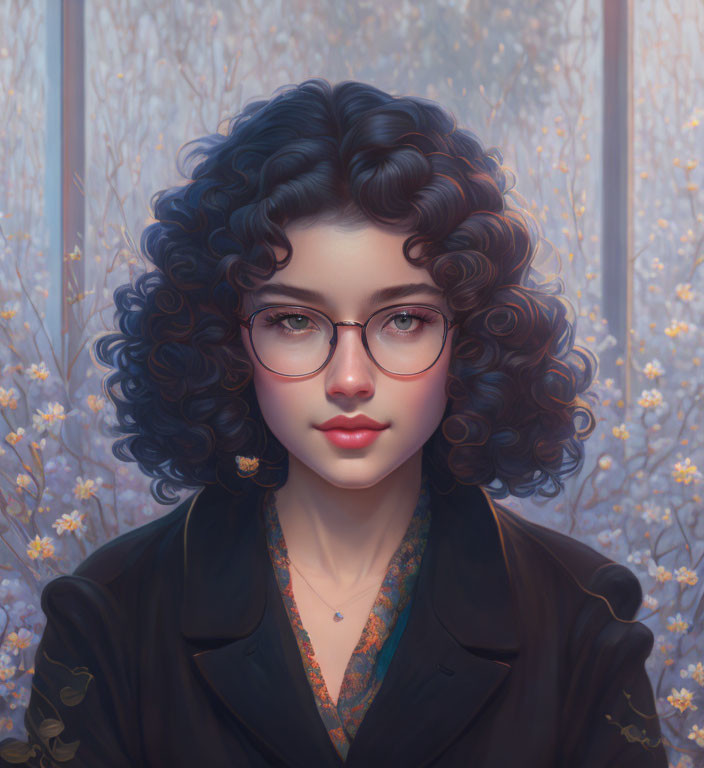 Young Woman with Curly Hair and Glasses in Floral Blouse Portrait against Blossoming Branches