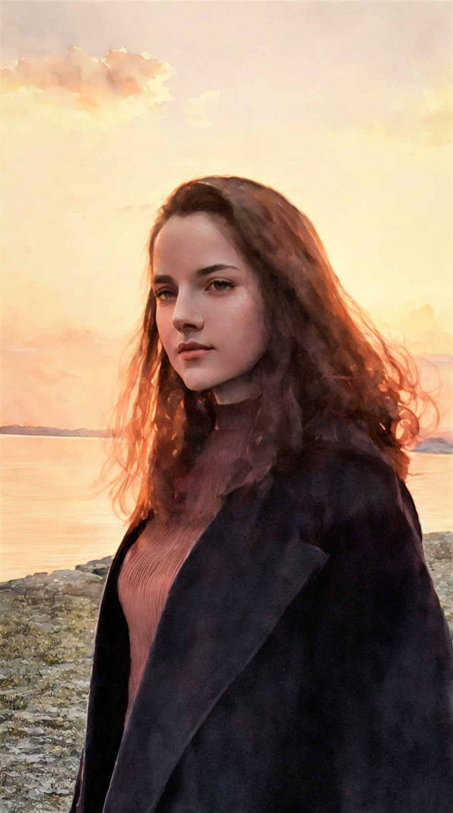 Profile of young woman with wavy hair at sunset by water in dark coat and pink top